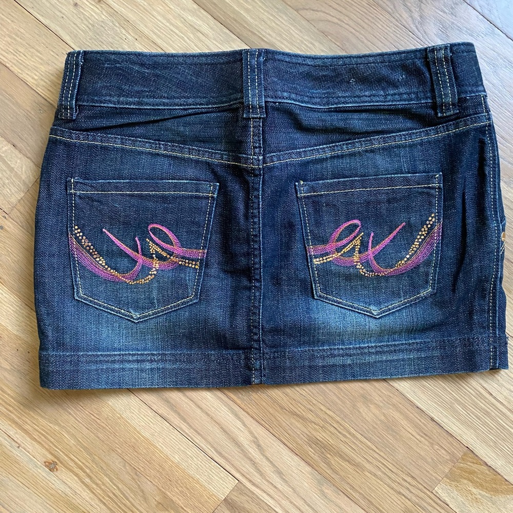 Express Y2K Denim Mini Low Rise Skirt Embroidery Glitter Pockets Punk Festival 4